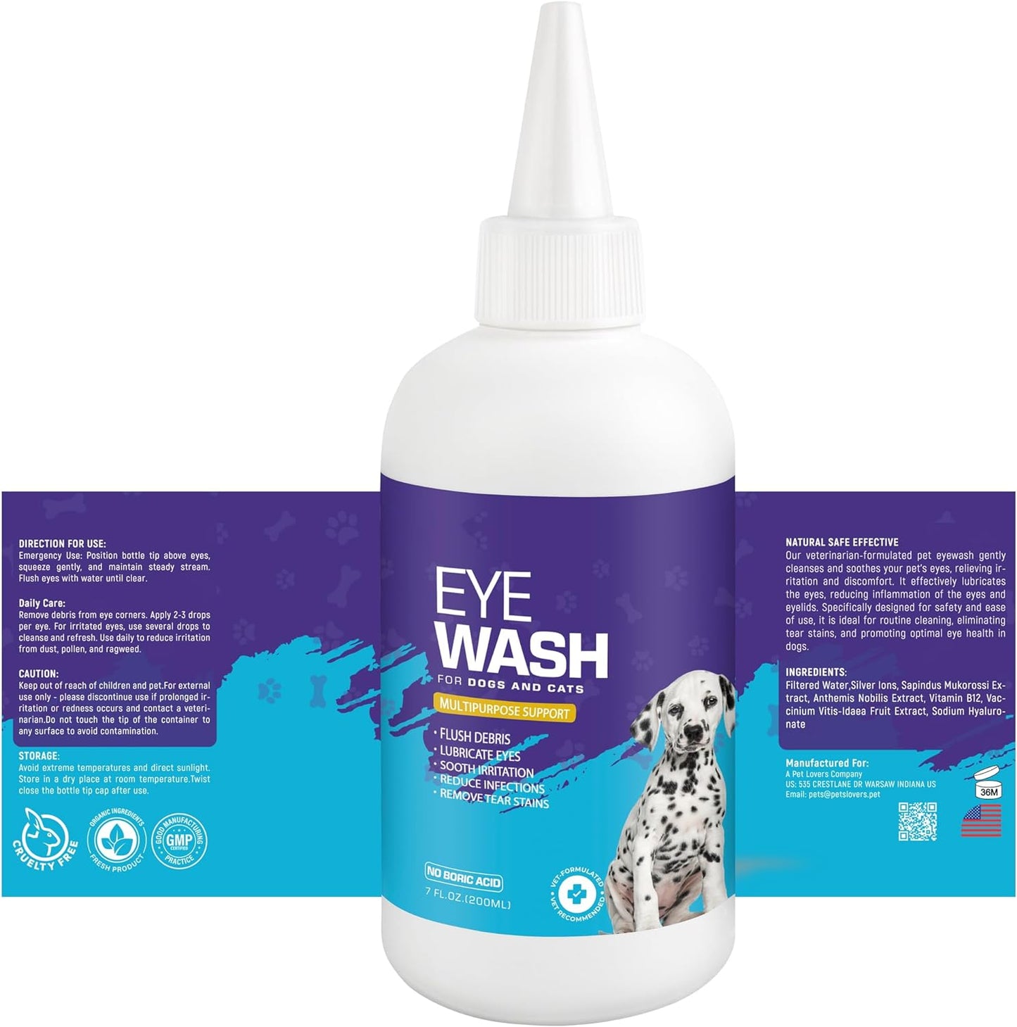 Veksun Pet Eye Wash - Gentle Formula for Dogs & Cats, 200 ML