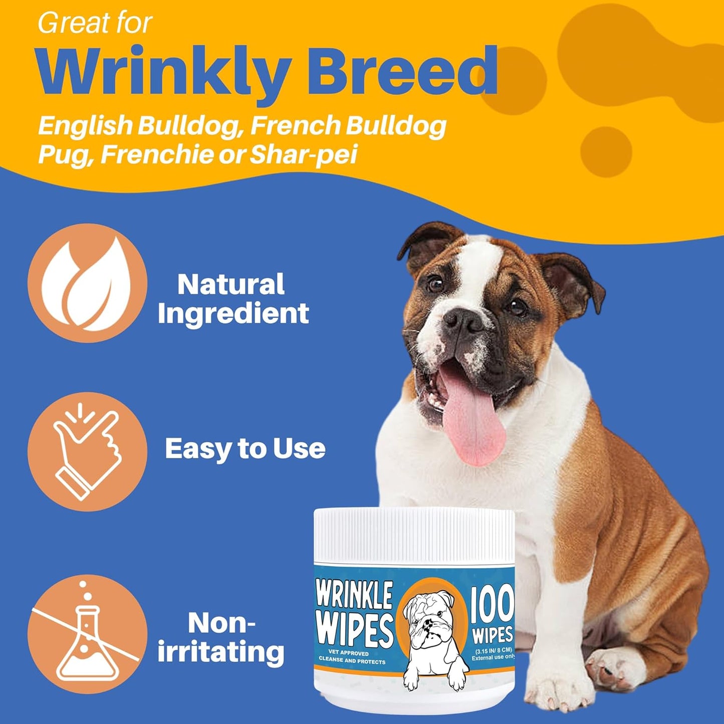 French Bulldog Wrinkle Wipes - 100 Count, 3.15in, Plant-Based Formula