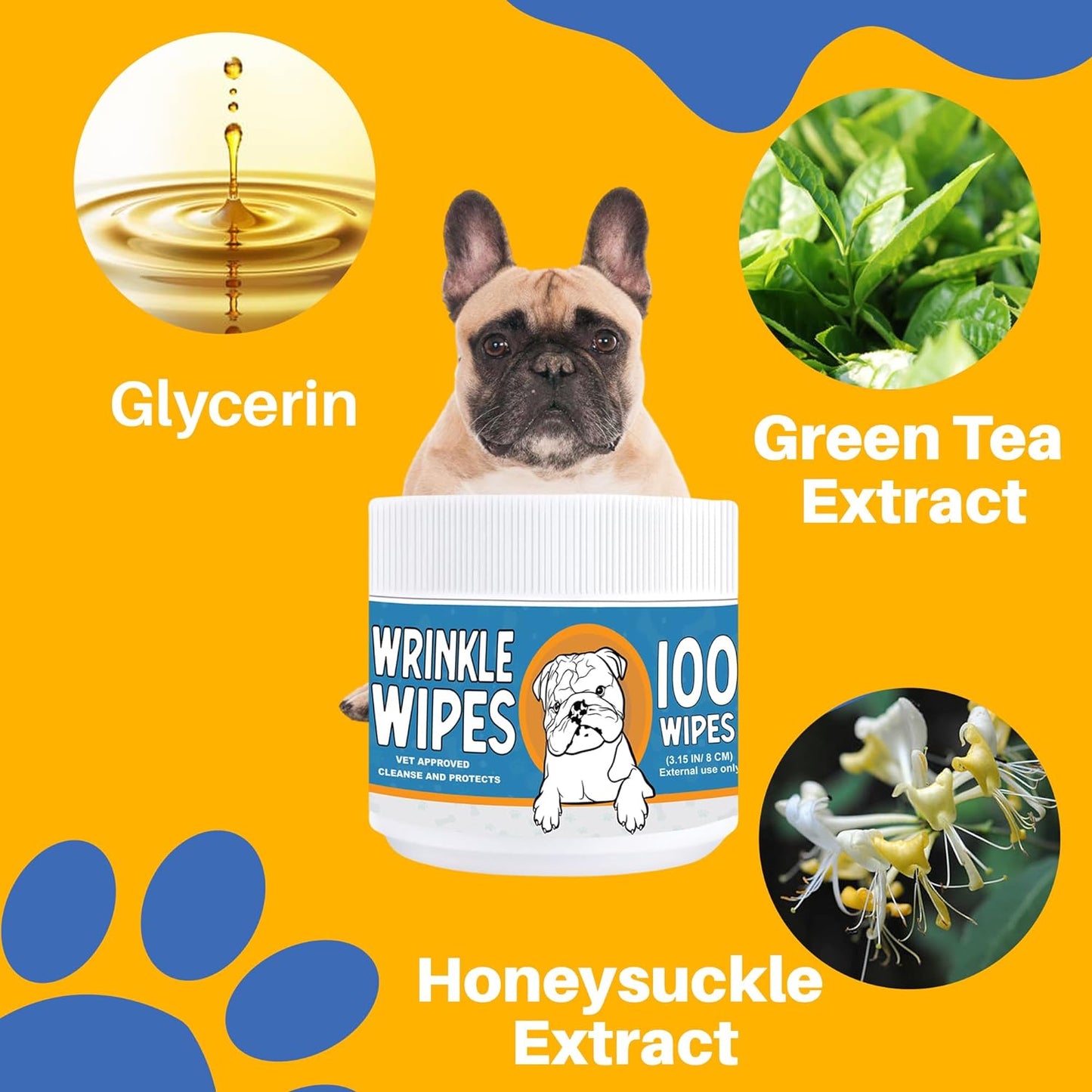 French Bulldog Wrinkle Wipes - 100 Count, 3.15in, Plant-Based Formula