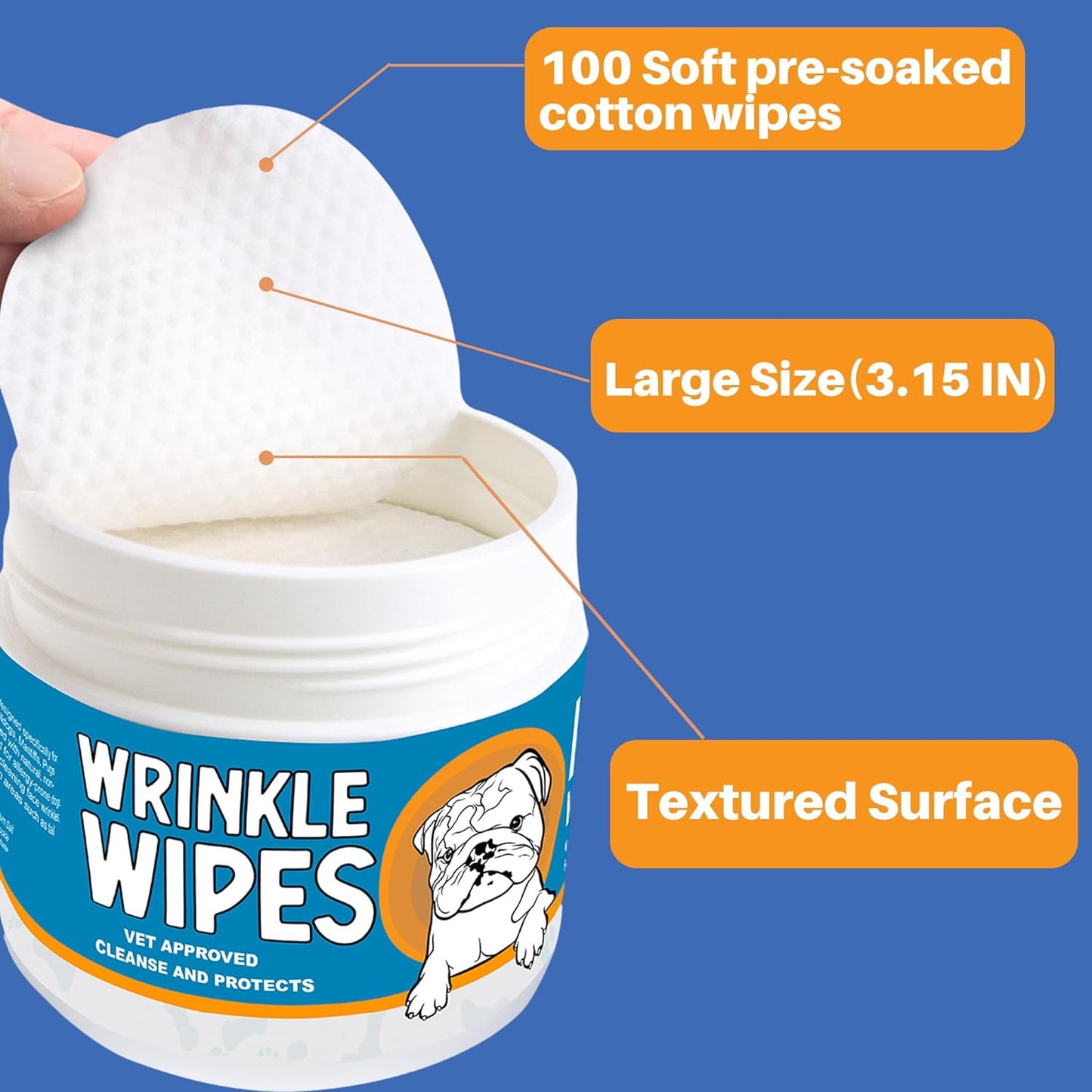 French Bulldog Wrinkle Wipes - 100 Count, 3.15in, Plant-Based Formula